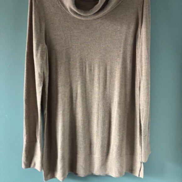 Loft L Beige Knit Sweater Long Sleeve Tunic Cowl Neck Soft Neutral Ribbed Layer - Picture 2 of 7